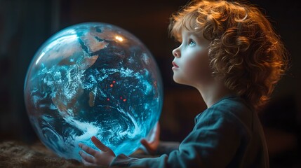 Wall Mural - curious child gazing at a glowing globe with wonder. a magical moment of discovery and imagination. 