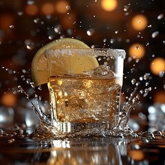 Canvas Print - Refreshing drink with a lemon slice splash against warm backdrop. dynamic beverage moment captured. AI