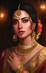 Wall Mural - Gorgeous Indian women wearing golden saree and jewelry. Generative AI