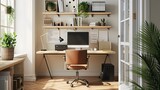 Fototapeta Lawenda - a minimalist home office setup with a sleek desk and ergonomic chair, reflecting the trend of remote work