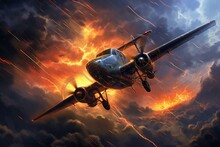 Artwork Depicting Two Planes Crashing Amidst A Stormy Sky Filled With Lightning Bolts, Showcasing Vibrant Colors And A Painted Effect. Generative AI