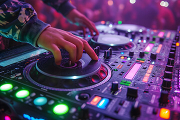 Poster - DJ mixing at club with colorful neon lights.