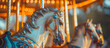 A vintage carousel horse basks in the golden glow of a carnival evening, capturing the whimsy of yesteryear