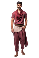 Full length view of Indian Men in Pathani Suit: A two-piece outfit for men consisting of a kurta-style top and straight-cut pants Isolated on transparent background.