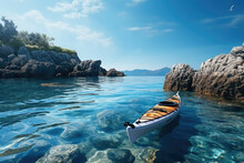 Kayak In Calm Sea With Rocky Coastline View
