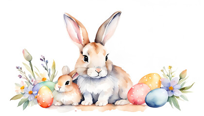 Wall Mural - Cute easter bunnies with eggs and flowers on white with copy space