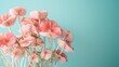 © logonv - A collection of delicate pink mushrooms against a soft teal background, presenting a tranquil natural scene in pastel tones.