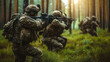 A group of modern soldiers conducts reconnaissance in the forest. Special forces are fighting with the enemy in the forest.