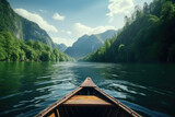Fototapeta Do pokoju - Wooden boat in calm river with green forest and mountain view