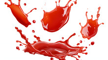 Set Of Red Drops And Splashes Of Ketchup Or Sauce Isolated On White Background. With Clipping Path. Full Depth Of Field. Focus Stacking. PNG.