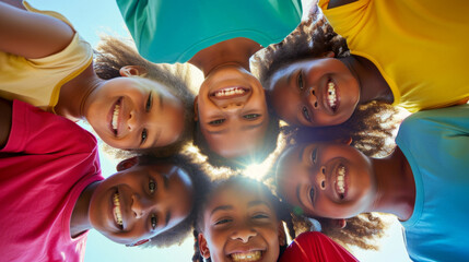 Canvas Print - High-angle shot of a group of children forming a circle and looking up towards the camera with smiling faces.