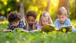 children lying on the grass, deeply engaged in reading books.