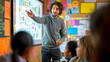Teacher is actively engaging with his students in a classroom setting, with educational materials visible on the whiteboard behind him.
