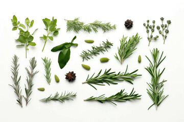 rosemary leaves and herbs on a white background