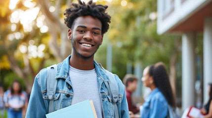 Poster - young male student is smiling at the camera, holding textbooks and wearing a backpack