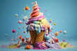 colorful ice cream cone with lots of colorful icing splashed all over it