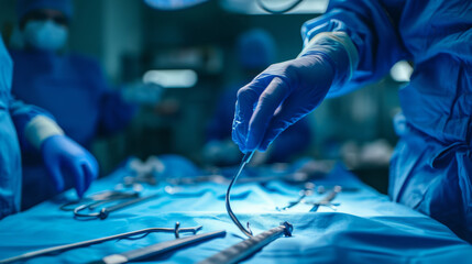 Poster - surgical scene with a focus on a surgeon's gloved hands selecting a surgical instrument from a sterile table