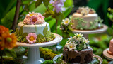 Very beautiful desserts, awarded a Michelin star, desserts decorated with flowers, standing on unusual stands. The works of culinary art look very appetizing.