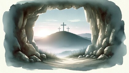 Canvas Print - View on the three Crosses on Golgotha from the Holy Sepulchre at sunrise. Digital watercolor painting illustration.
