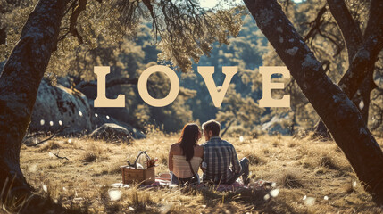 A scene of a couple enjoying a picnic in a serene natural setting. Highlight the details of their interaction – sharing food, laughter, and tender moments.