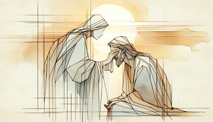 Wall Mural - Veronica wipes the face of Jesus. Digital watercolor painting.