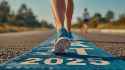 Wall Mural - track on the road - and Start 2025 written on the ground