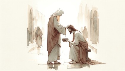 Veronica wipes the face of Jesus. Digital watercolor painting.