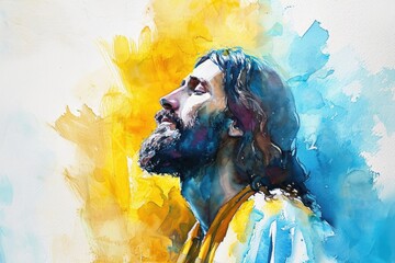 Wall Mural - Portrait of Jesus with his eyes closed, praying. Colorful oil painting.