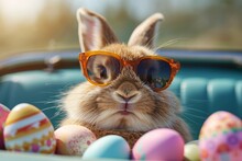 Bunny In Sunglasses And Easter Eggs Generative AI