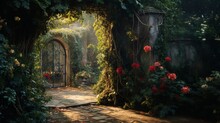A Secret Garden Hidden Behind A Wrought-iron Gate, With Climbing Roses And Ivy-covered Walls.