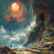 A young man on a beach, fathoms an opening of a portal at the top of a rocky stair case, eye in the sky, storm clouds 