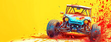  High-speed Buggy Splashing Through Vibrant Paint On A Dynamic Yellow Background.