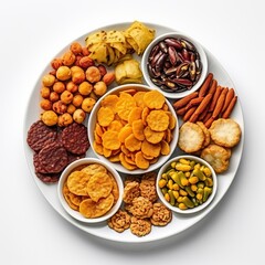 Wall Mural - A plate with all kinds of spicy and soft Indian snacks on a white bowl top view isolated on a white background