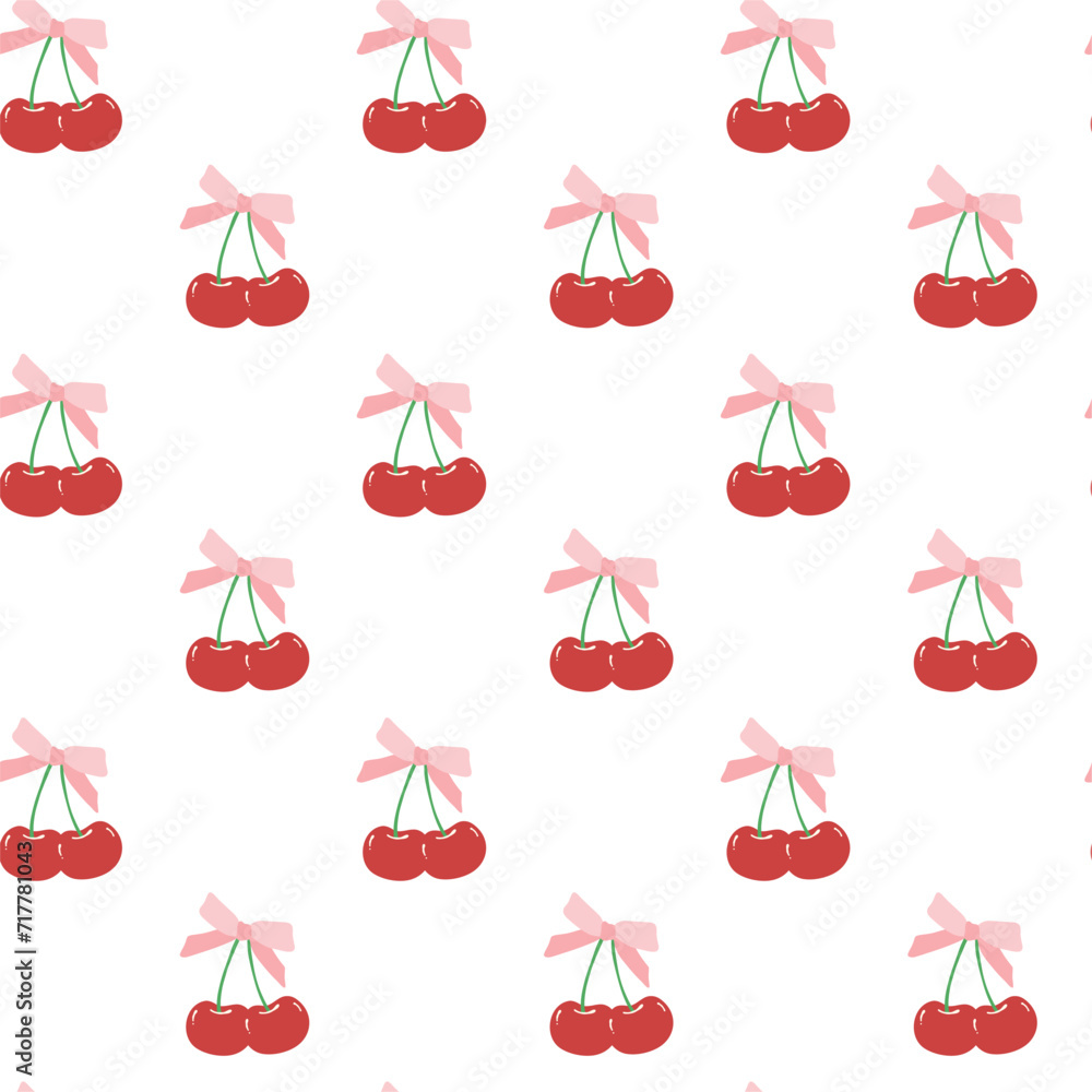 cute coquette pattern seamless red cherries with ribbon bow isolated on ...