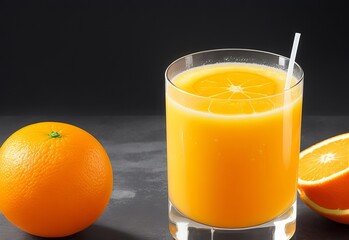 Wall Mural - fresh orange juice in the glass on dark background