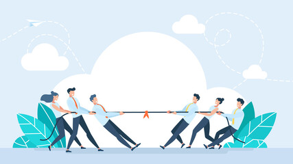 Two teams play pulling rope game. Business competition. People pull rope in tug of war competition. Men and women. Concept business teamwork, cooperation, solution conflicts. Trendy flat illustration