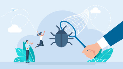 Wall Mural - a team of programmers catches a bug in a butterfly net. it software application testing, quality ass