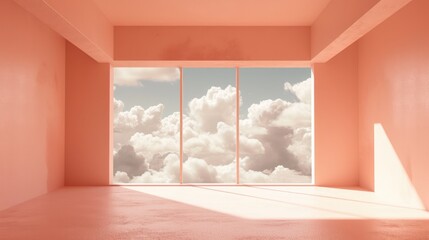 Wall Mural - Generative AI, peach fuzz color fantastic 3d clouds in the room interior, sky and landscape. Gentle colors and with bright lights
