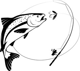 Sticker - Fish jumping for bait and fishing rod silhouette. Design for fishing and sport fishing