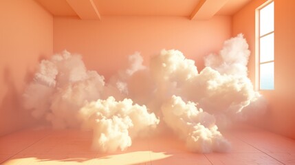 Wall Mural - Generative AI, peach fuzz color fantastic 3d clouds in the room interior, sky and landscape. Gentle colors and with bright lights
