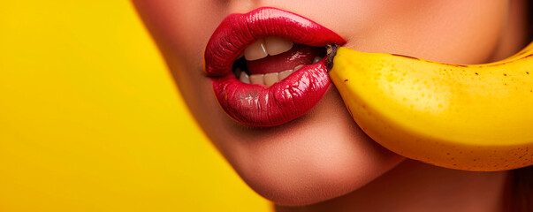 sexy and intimate concept, woman licks and takes a banana in her mouth on a color background, the girl's tongue and lips erotically touch the fruit. AI generated.