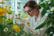 Woman scientist collecting plants for laboratory research. Generative AI