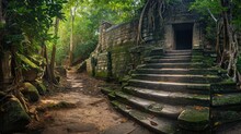 Stone Staircase In Jungle: A Mysterious Path Unfolds As A Stone Staircase Leads To A Hidden Doorway, Ancient Architecture. 