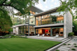 A contemporary home with a large glass front, lawn and a patio