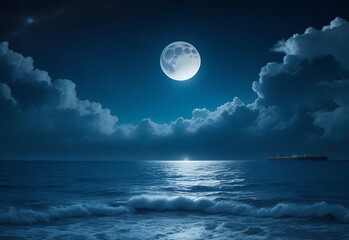 night sea landscape with moon stars and clouds