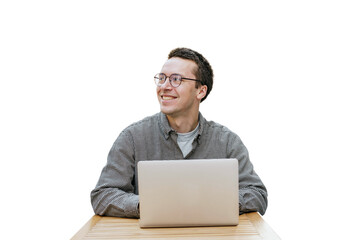 A male software developer uses a computer to work remotely over the internet. The background is transparent and neutral.