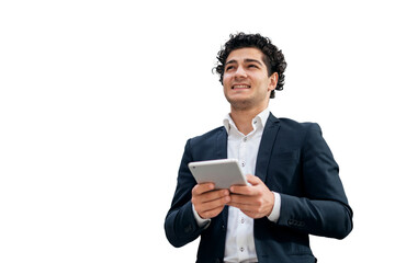 Wall Mural - A young businessperson wearing a suit is seen using a tablet, with his eyes averted. The image shows a clear background.