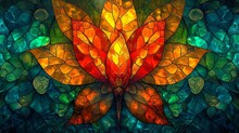 Stained Glass Window Background With Colorful Flower And Leaf Abstract.	
