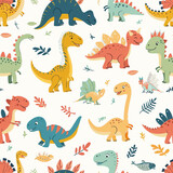 Fototapeta Dinusie - seamless pattern with funny monsters, dinosaur
