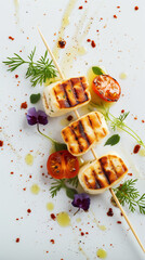 Grilled halloumi cheese with fresh salad, cherry tomatoes, and herbs. A tasty appetizer, salad, ketogenic, paleo lunch on a bright background. Banner with copy space for a delicious and healthy meal.